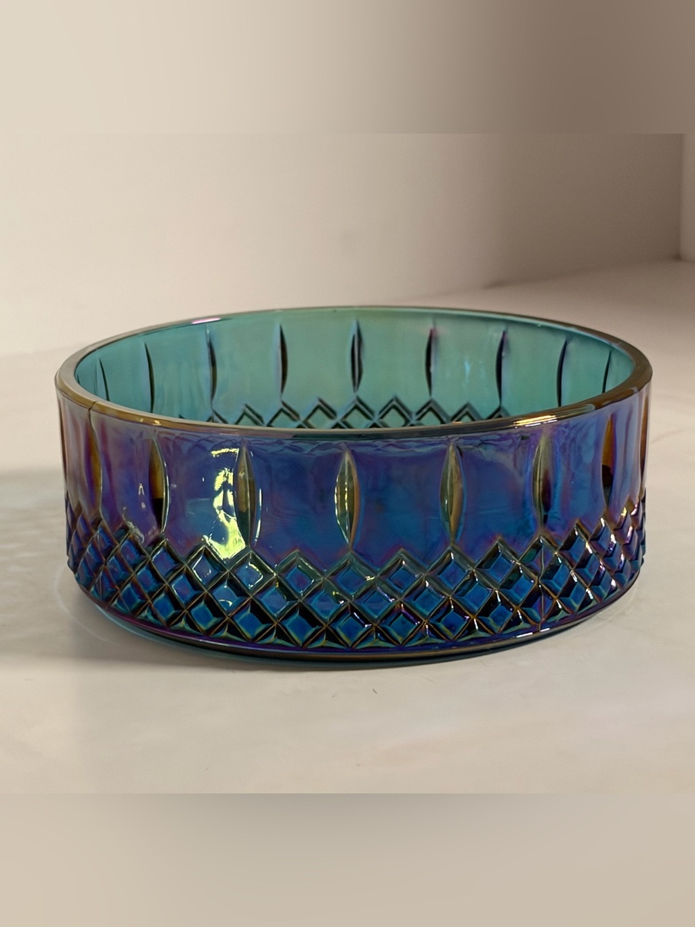 Iridescent Blue Carnival Glass Bowl Diamond Pattern Vintage Style 6.5”